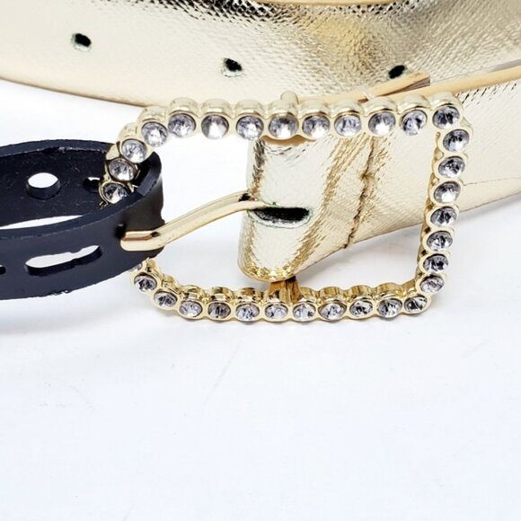 INC Womens Rhinestone Buckle Belt Metallic Gold